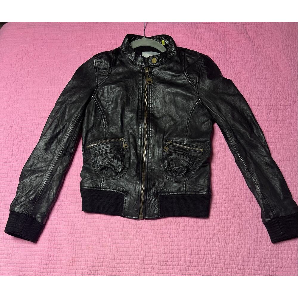 Doma Women’s Black Leather Moto Jacket, Small Fitted Zip Up Genuine Leather